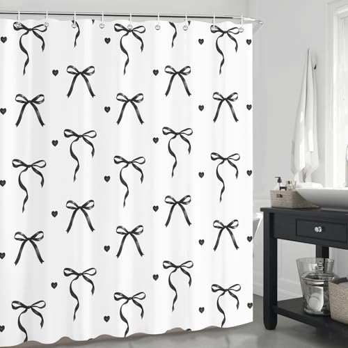 Dazzlewall Black Bow Shower Curtain - 72x72 in, Water-Resistant, Easy Install