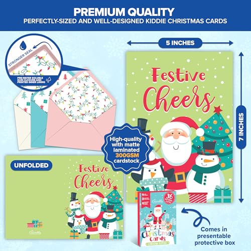 Decorably 36 Pack Kids Christmas Cards with Envelopes - 9 Fun Designs