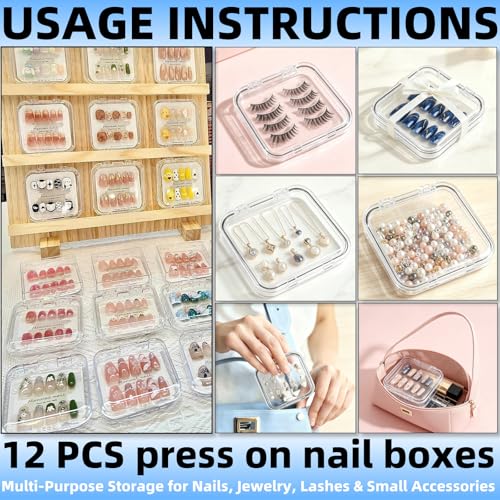 12-Piece Clear Acrylic Press-On Nail Storage Box Set with Adhesive Tape