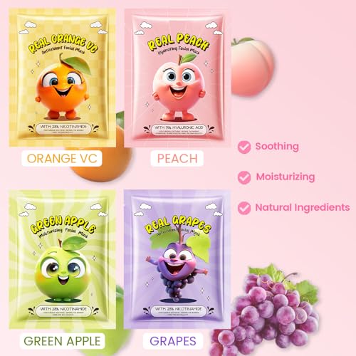 Kaely 12-Pack Fruit Face Masks for Kids & Teens - Variety Set, Spa Day & Party Favors