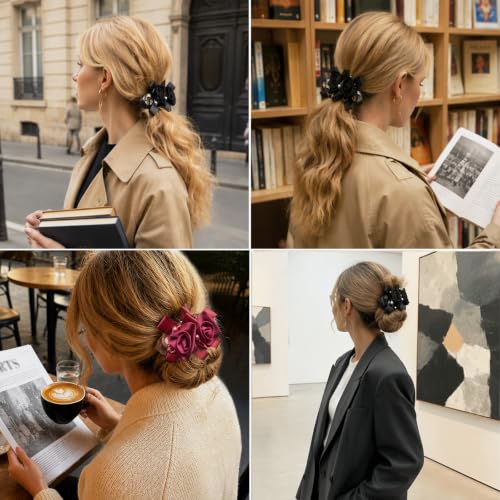 Dresyu Vintage Elegance Satin Chiffon Hair Scrunchies 4PC Set - Luxurious Elastic Ties