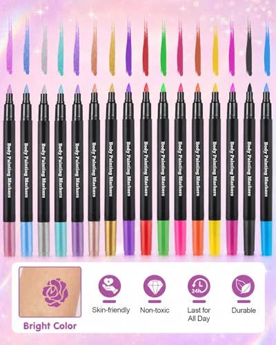 Lictin Multicolor 16PCS Temporary Tattoo Markers Skin & Paper Safe