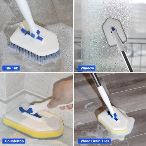 Adjustable 3-in-1 Tub Scrubber Brush with Long Handle & 3 Heads