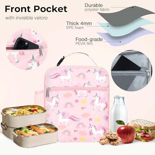 Clastyle Unicorn Insulated Lunch Bag for Kids - Large Pink Tote