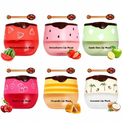 6Pcs Lip Balm Set with Honey, Strawberry, Apple Lime, Watermelon, Coconut & Cherry – Nourishing Lip Masks & Sleep Care