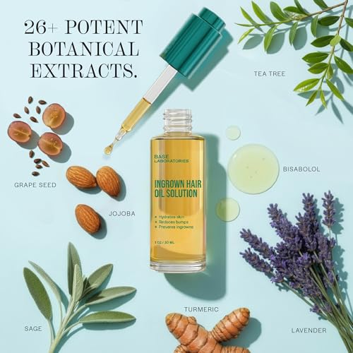 BASE LABORATORIES Ingrown Hair Treatment Oil ? Soothing After Shave Oil Prevents Ingrown Hairs, Soothes Razor Bumps for Bikini Area, Legs, Underarms, Neck, Beard & Face ? Tea Tree, Jojoba 1oz (30ml)