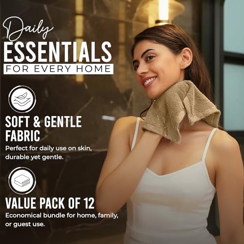 RIVERSIDE Tan Washcloths, 12 Pack - 100% Cotton, 12x12 Inches, Soft & Absorbent