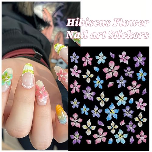 Hibiscus Flower Nail Stickers - 5D Embossed Floral Decals (6PCS)