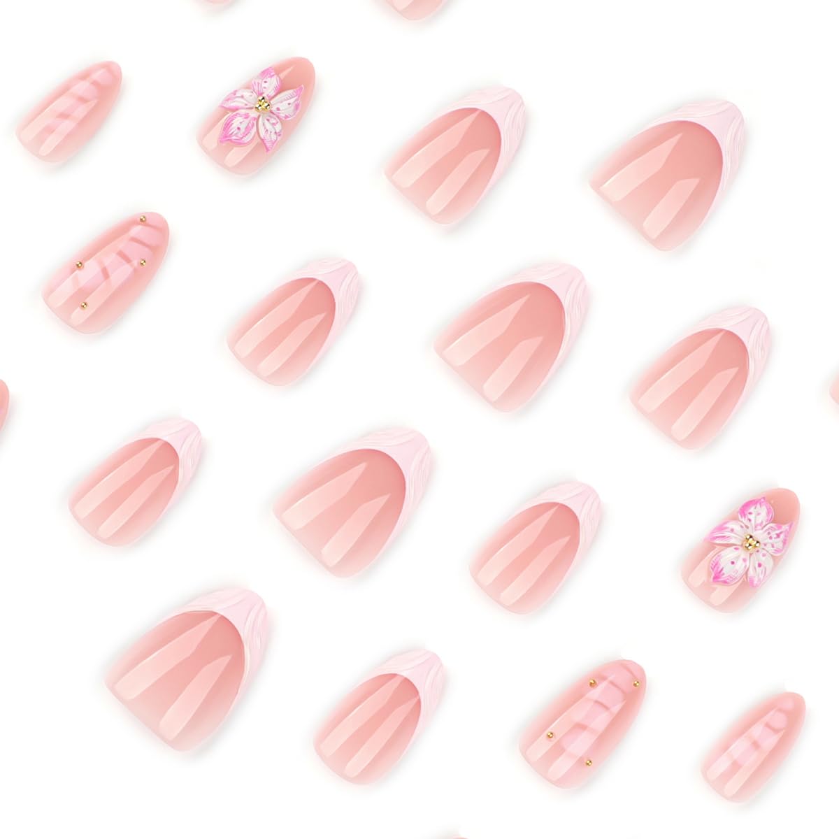 French Tip Press-On Nails - 24Pcs Short Almond 3D Cherry Blossom Design | Reusable Acrylic in Nude Pink with Gold Rhinestones