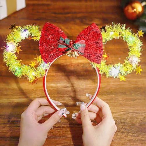 CASDRE Christmas Light Up Mouse Ear Headband with Bow & Bells - Red Gold Xmas Party Hair Accessory (C Red Gold)