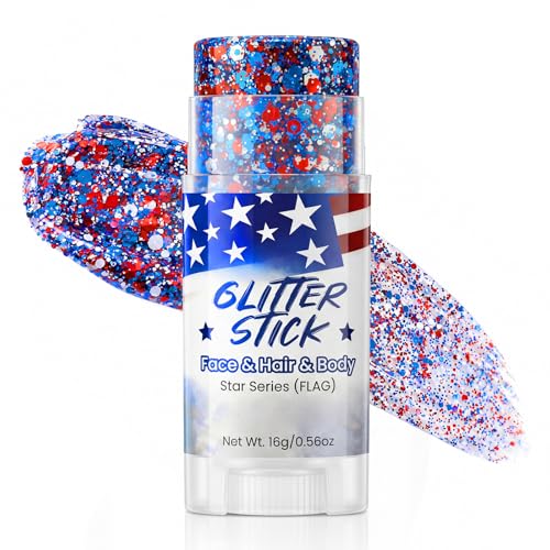 LYRADEW Patriotic Flag Body Glitter Stick for 4th of July - Red, White & Blue