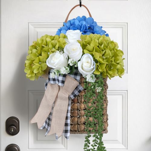 23.6-Inch Blue & Green Hydrangea Basket Wreath for Front Door