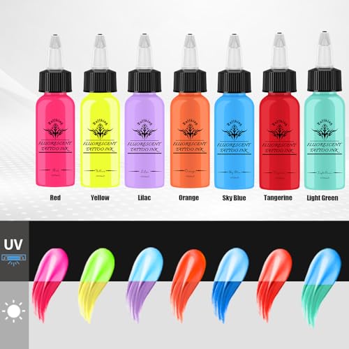 Tuffking 7-Color Fluorescent Tattoo Ink Set, Glow-in-the-Dark UV Pigments