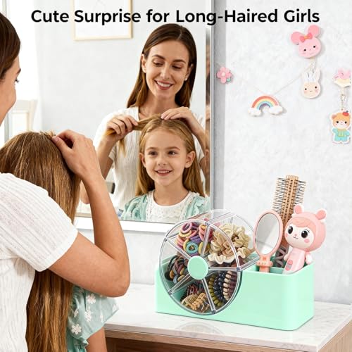 Seafoam Hair Accessories Organizer with 2-Slot Brush Holder & 5-Section Rotating Wheel for Kids & Girls