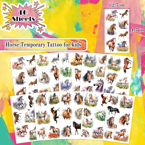 Horse Temporary Tattoos for Kids - 10 Sheets Waterproof Stickers