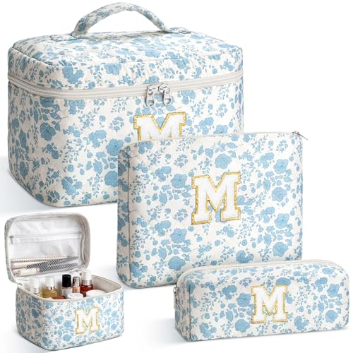 Yestar 3PCS Initial Makeup Bag Set - Quilted Floral Cosmetic Bags, White, M