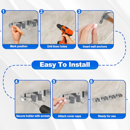 Broom Holder Wall Mount Organizer with 4 Racks & 3 Hooks - 2 Pack