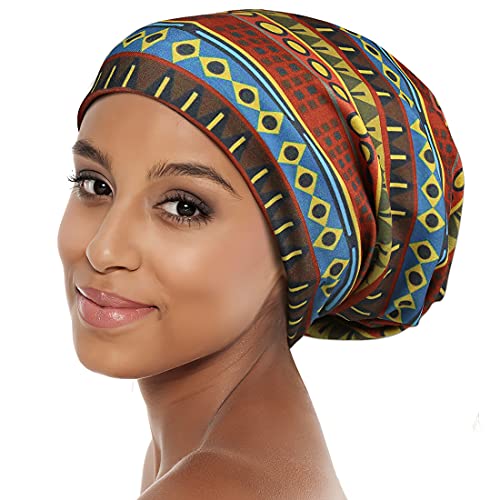 Heerf Bronze One Size Sleep Knitted Satin Bonnet for Curly & Locs Hair - Extra Large African Print Hair Wrap for Black Women