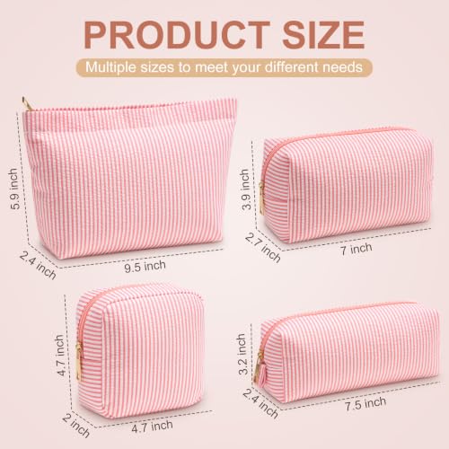 Coral Pink Seersucker Makeup Bag Set - 4 Pcs Travel Cosmetic Organizer