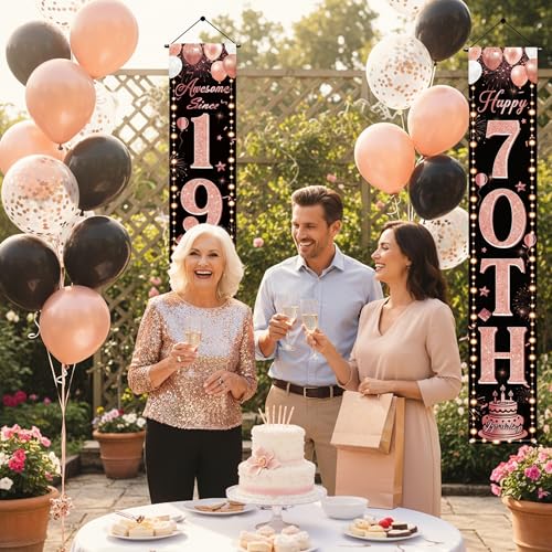 70th Birthday Banner Set - Black Rose Gold Decor for Women