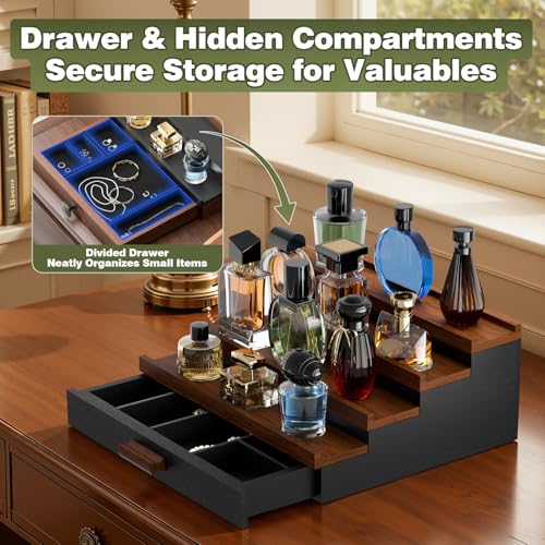 4 Tier Black Walnut Wooden Perfume Organizer with Drawer