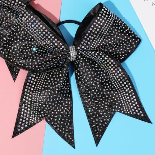 DEKA 8-Inch Glitter Cheer Bow with Rhinestones - Black, Ponytail Holder for Girls & Cheerleaders