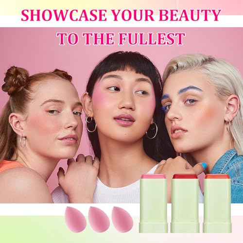 PPPanYiDi 3PCS Multi-Use Cream Blush Stick Set with Sponges - Natural, Hydrating & Long-Lasting for Cheeks, Eyes, Lips (Variation 001)