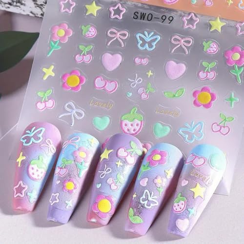 Juggssa Sweet Flower 5D Embossed Nail Stickers – Colorful Cherry, Strawberry, Heart & Star Designs for Manicure, 3 Sheets