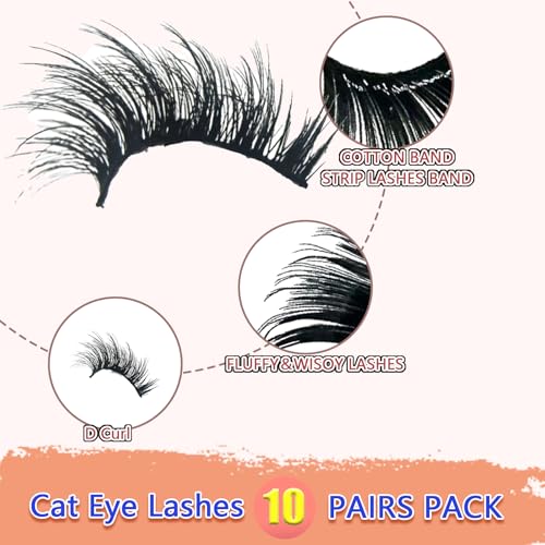10 Pairs 3D D Curl False Eyelashes - Fluffy Cat Eye Wispy Lashes