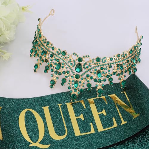 COCIDE Birthday Queen Green Rhinestone Tiara and Glitter Sash Set