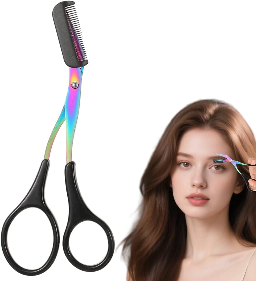 Eyebrow Trimmer Scissors - 2-in-1 Precision Stainless Steel Grooming Tool | Portable Black Eyebrow Cutter for Men & Women