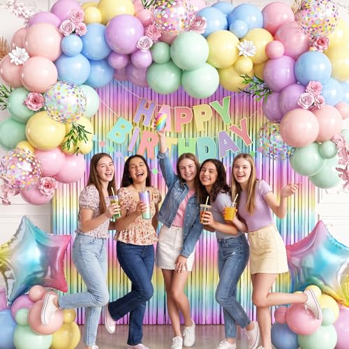 Pastel Birthday Decorations Set - Macaron Fringe Curtain & Balloons