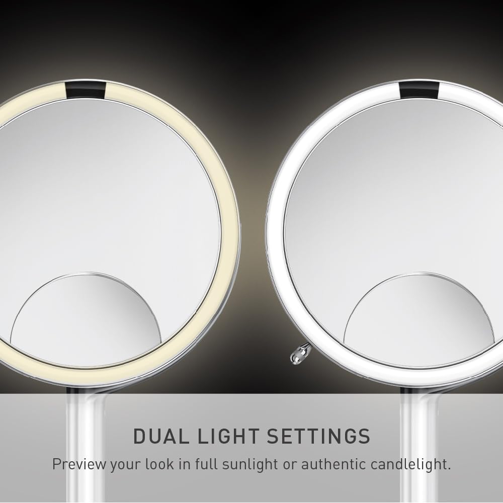 simplehuman Sensor Mirror Trio, 1X 5X 10X Magnification, Round Rechargeable Beauty Makeup Mirror, Tru-Lux® Full-Spectrum Light, Dual Light Settings, Adjustable Brightness, Brushed Stainless Steel