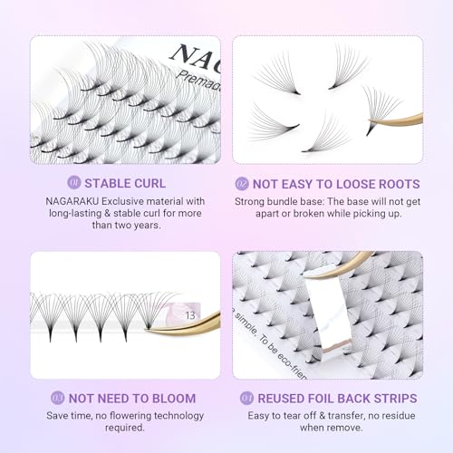 NAGARAKU 10D-0.07-D Curl Premade Eyelash Fans 9-14mm Mix, Sharp Narrow Stem, Matte Black