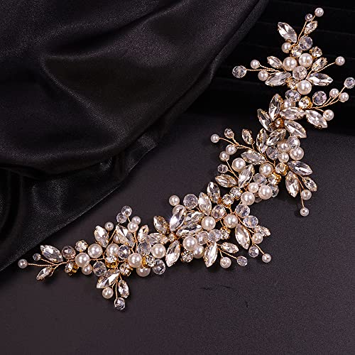 Gold Bridal Rhinestone Pearl Flower Headband for Wedding Hair