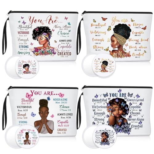 8-Piece Makeup Bag and Compact Mirror Set for Women, Canvas Travel Organizer