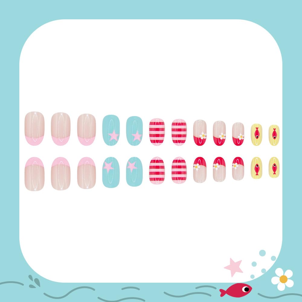 Summer Press on Nails Medium Oval Fake Nails French Tip False Nail with Designs Striped | Cute Fish | Star | Flower,Cute Reusable Glue on Nail Full Cover Stick on Nails for Women Manicure 24Pcs