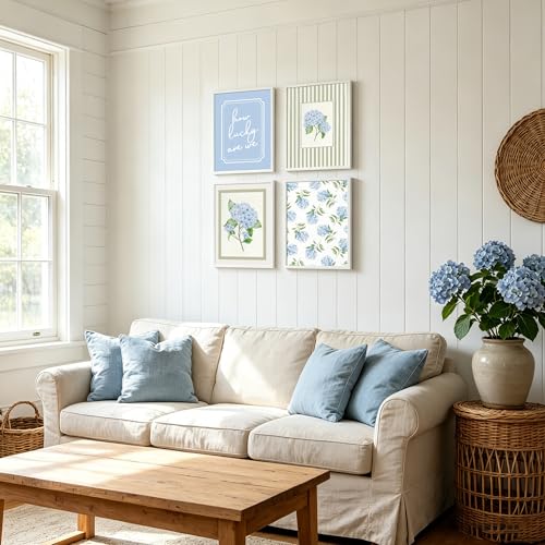 Blue Hydrangea Wall Art Set - Unframed Floral Prints 8x10"