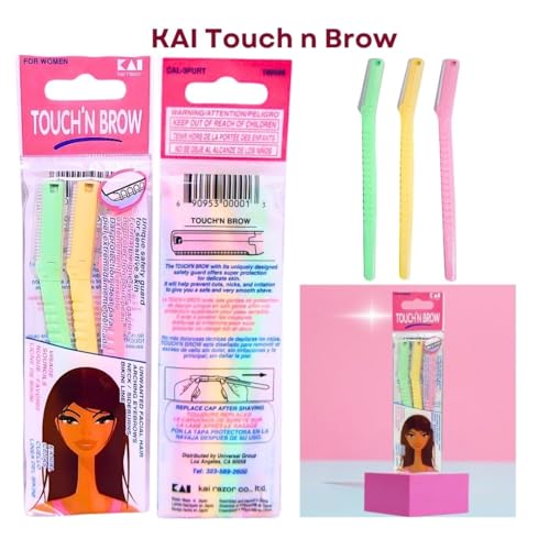 Kai Touch n Brow Eyebrow Razor for Women, 3 Count (Pack of 2), Facial Razor & Dermaplaning Tool with Safety Guard, Peach Fuzz Remover & Precision Brow Trimmer