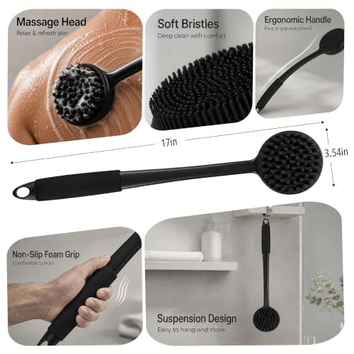 CYMPHW Black Silicone Back Scrubber with 17-Inch Long Handle - Double-Sided Body Brush