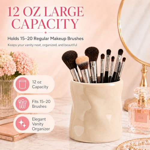 Beige Ceramic Makeup Brush Holder - 12 Oz Vanity Organizer Cup