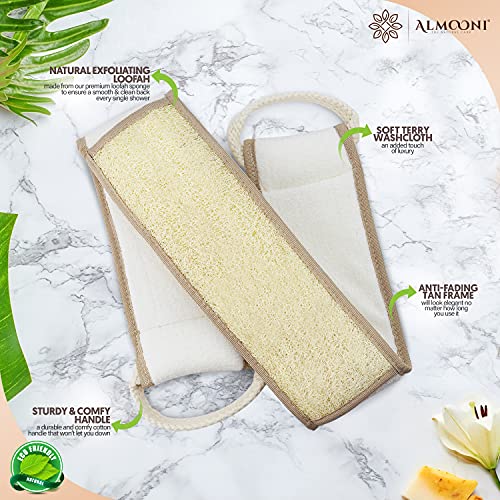 Tan Back Scrubber - Extra-Long Natural Loofah Sponge with Cotton Handles