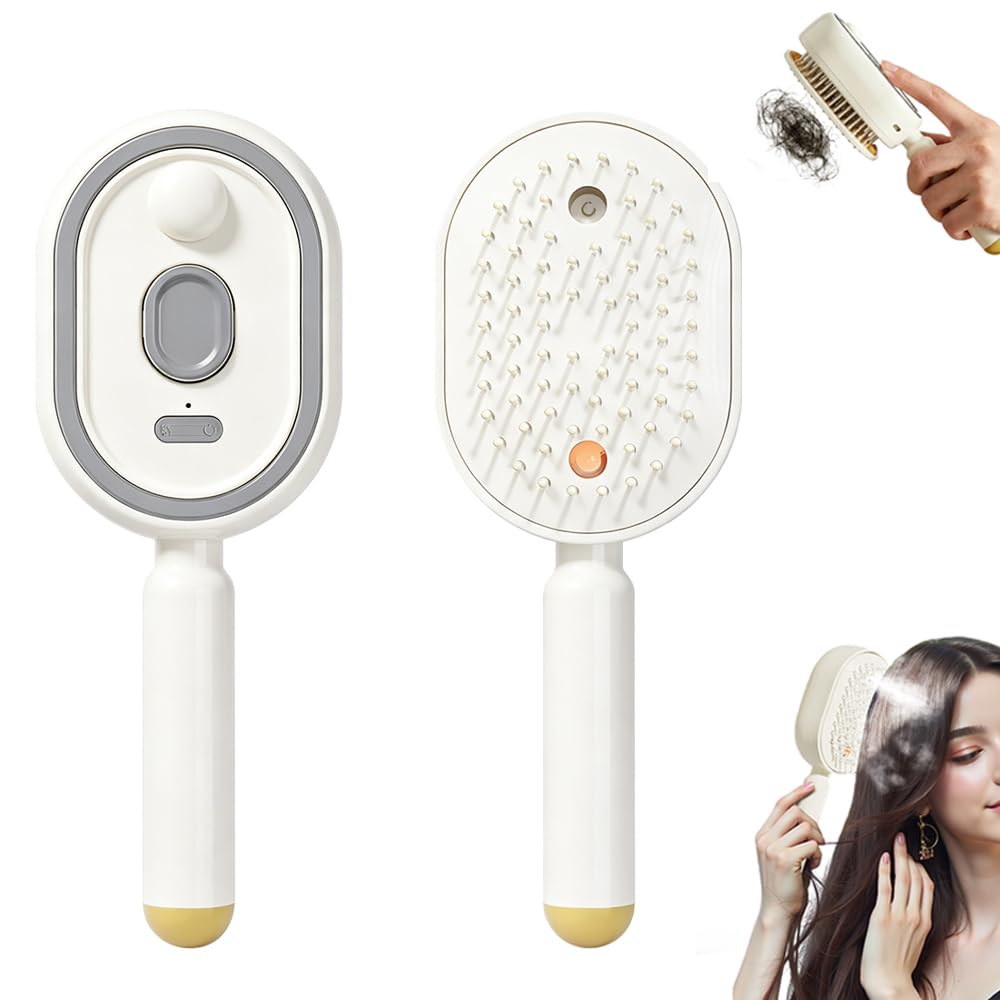 Electric Spray Air Cushion Massage Comb, Self-Cleaning Spray & Massage Hair Brush, Electric Mist Spray Anti-Tangle Anti-Static for Curly Straight & Frizzy Hair (Beige)