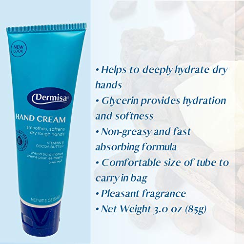 Dermisa Hand Cream with Cocoa Butter & Vitamin E - Fast-Absorbing Moisturizer, 3 Oz, Pack of 2