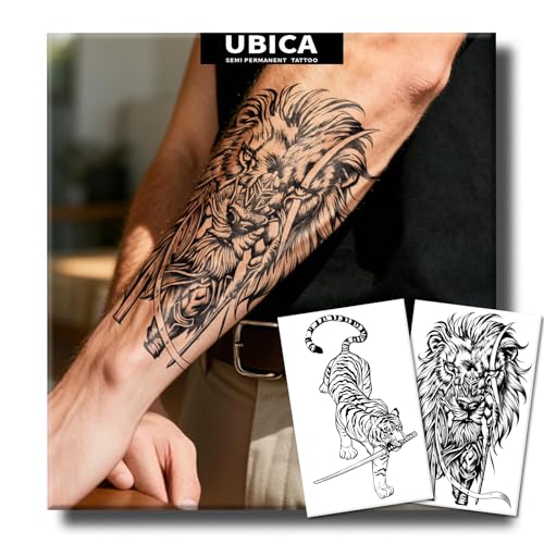 UBICA Lion & Tiger Semi-Permanent Tattoo Sheets - Realistic Body Art for Arm & Chest