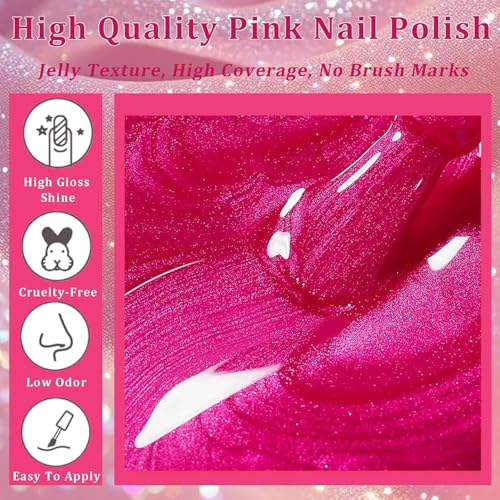 NovaCharm Pearly Hot Pink Nail Polish - 12ml Fast Dry Chrome Shimmer
