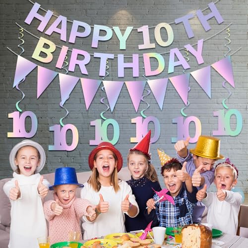 Iridescent 10th Birthday Decorations Kit - Happy 10th Banner & Swirls