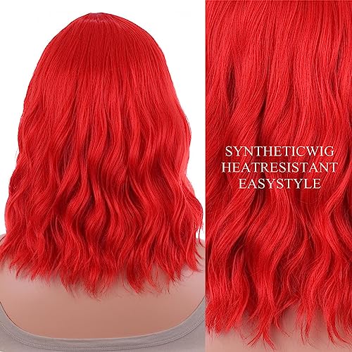 ANESHE Red Short Curly Wig with Bangs for Women - Wavy Bob Style, Shoulder Length, Heat-Resistant Synthetic Fiber, Daily & Party Use