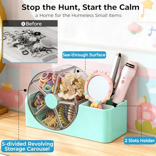 Seafoam Hair Accessories Organizer with 2-Slot Brush Holder & 5-Section Rotating Wheel for Kids & Girls