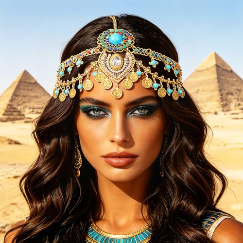 Urieo Gold Egyptian Headpiece with Turquoise Hair Jewelry